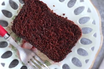 Slice of chocolate loaf cake in a plate