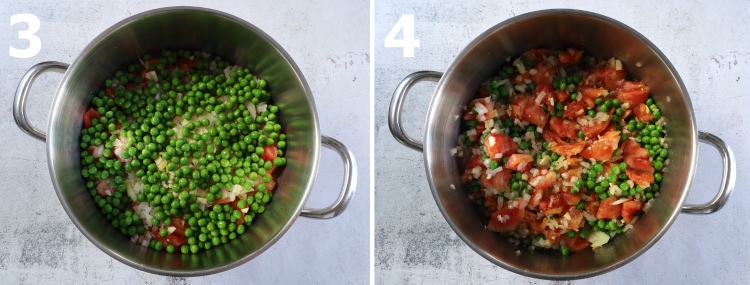 Peeled tomato cut into small chunks, chopped onion, chopped garlic, peas and olive oil in a large saucepan