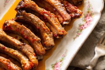 Portuguese Pork Ribs with Garlic and Mustard served on a platter