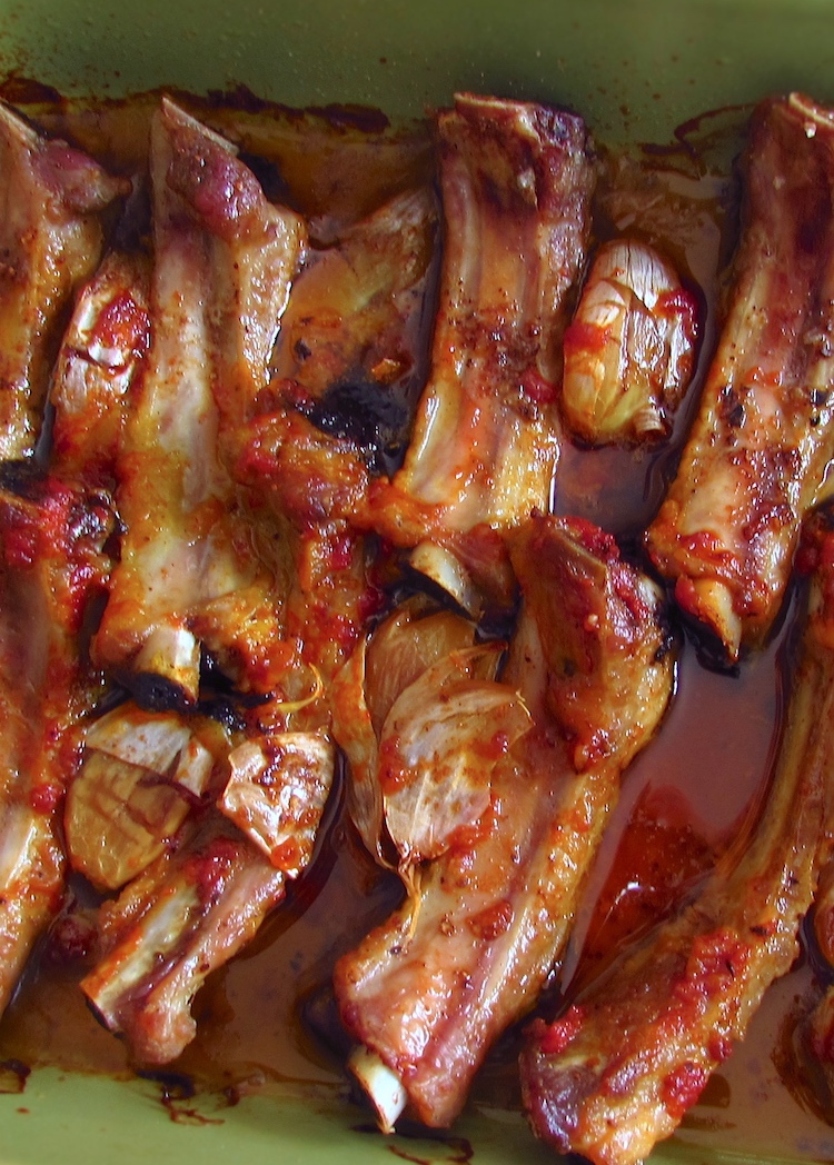 Easy roasted pork ribs on a baking dish