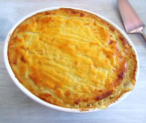 Easy baked mashed potatoes with tuna on a baking dish