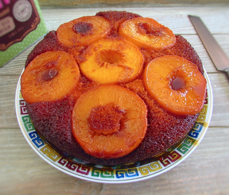 Caramelized peach cake on a plate