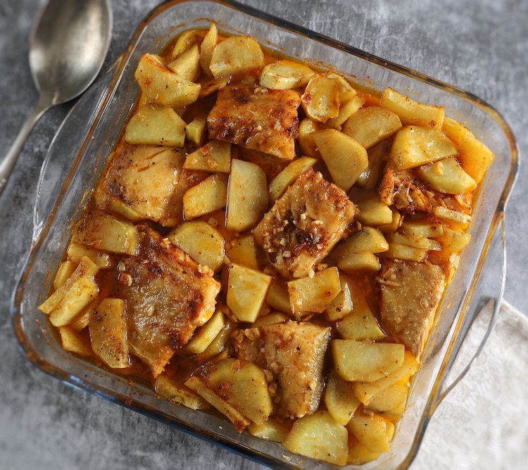 Easy Baked Cod with Potatoes in a glass baking dish