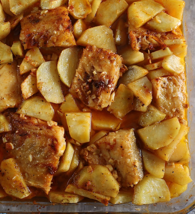 Easy Baked Cod with Potatoes in a glass baking dish