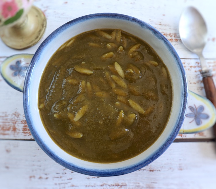 Creamy watercress and spinach soup on a tureen