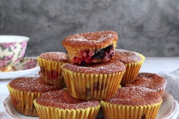 Orange triple berry muffins on a plate