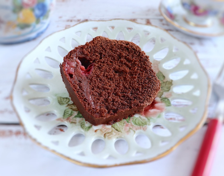 Slice of homemade chocolate strawberry cake on a plate