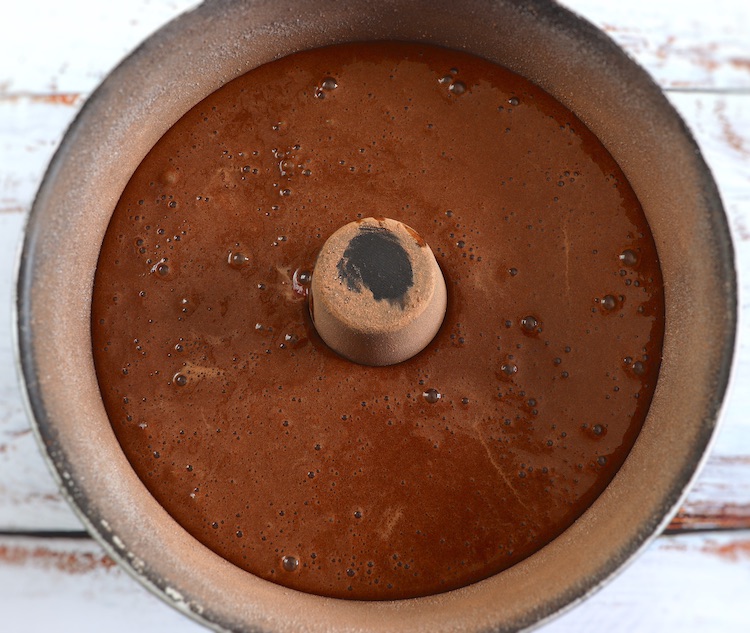 Dough of homemade chocolate strawberry cake on a bundt cake pan