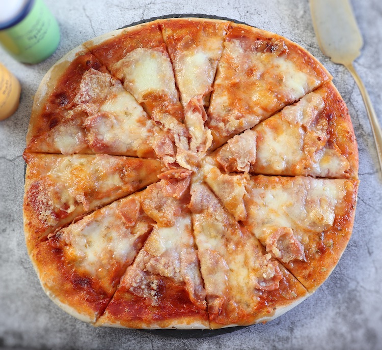 Easy ham and cheese pizza on a table