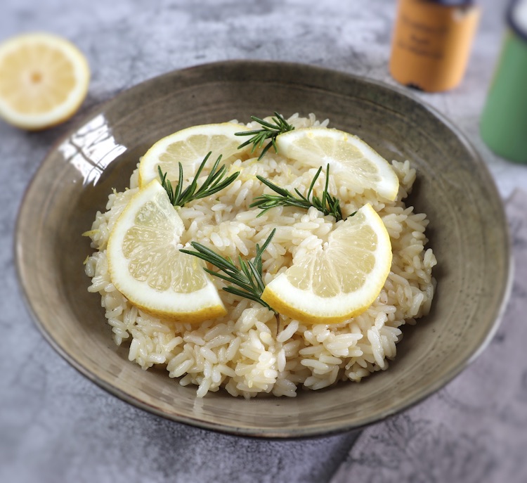 Lemon rice on a dish bowl