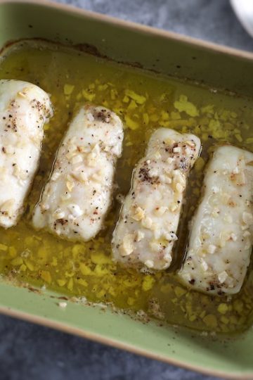 Oven Baked Hake in a baking dish