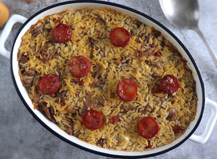 Portuguese duck rice on a baking dish